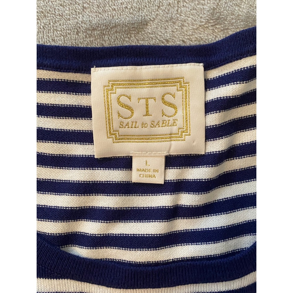 Sail to Sable Dress Sz L Navy White Striped Bell Sleeve Knit Nautical Coastal - Picture 6 of 10